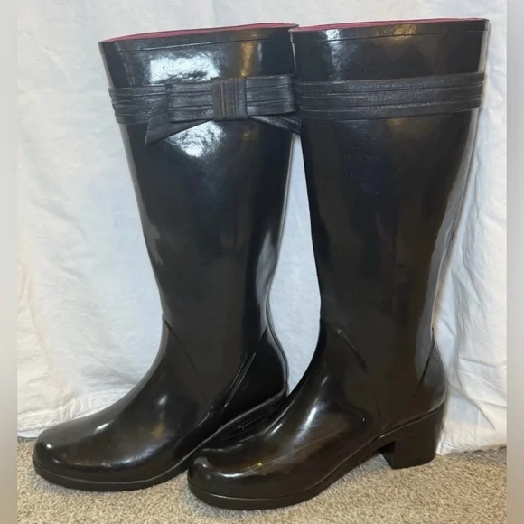 Kate Spade Women's Sz 9 Randi Black Gloss Rubber Heeled Knee High Rain Boots - Picture 3 of 11